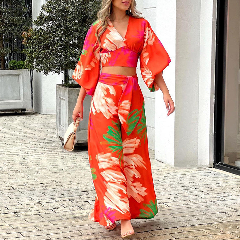 Ensemble Femme À Fleurs Avec Haut Col V Et Pantalon
