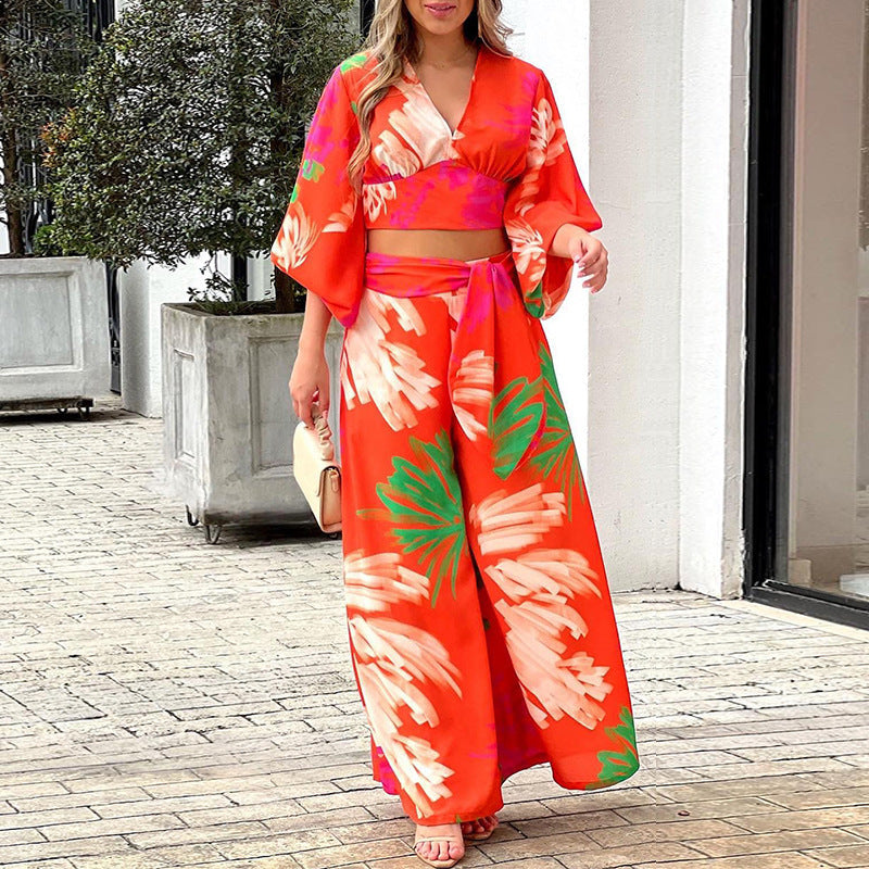 Ensemble Femme À Fleurs Avec Haut Col V Et Pantalon