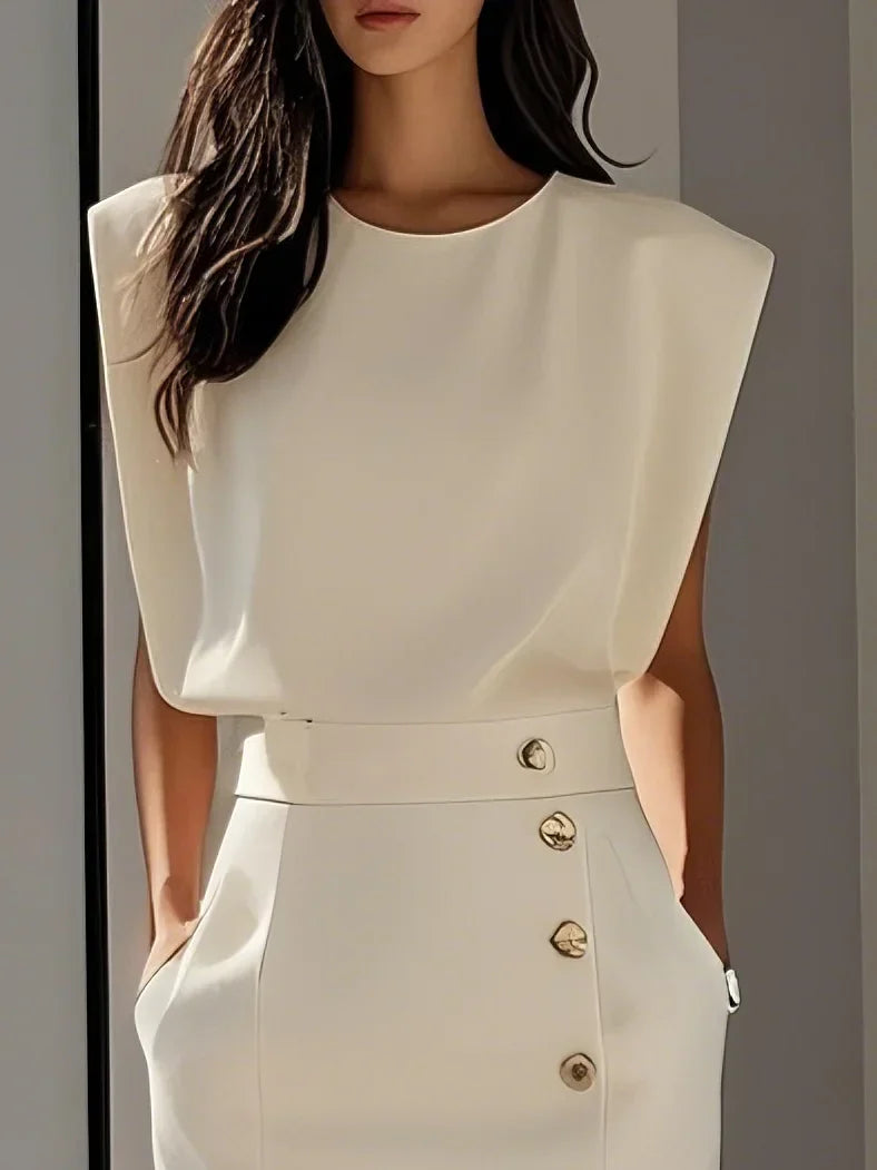Floralia™ - Robe midi unie avec fente à boutons et décolleté rond
