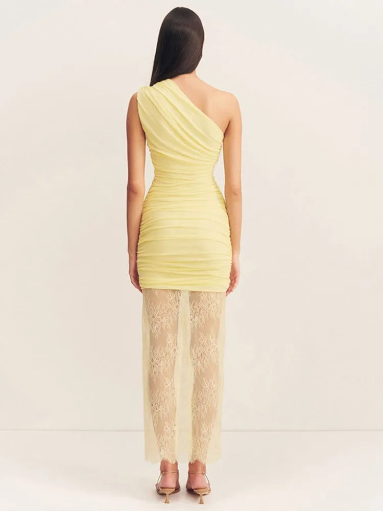 Élodie Lavin® | Robe Jaune Asymétrique Avec Voile Dentelle Brodée