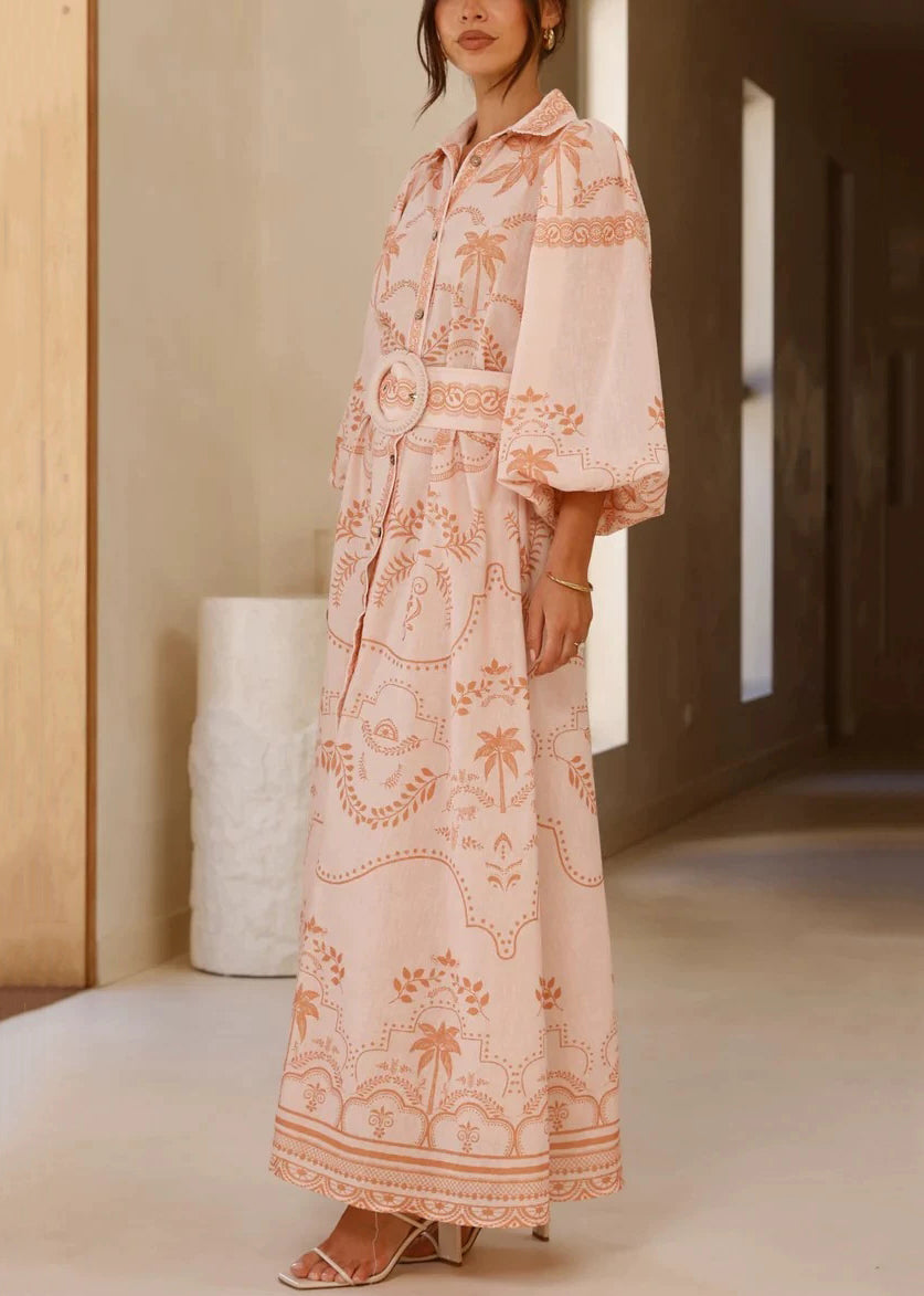 Sophie Paris® I Robe chemise en lin imprimé rose avec manches ballon et ceinture à nouer