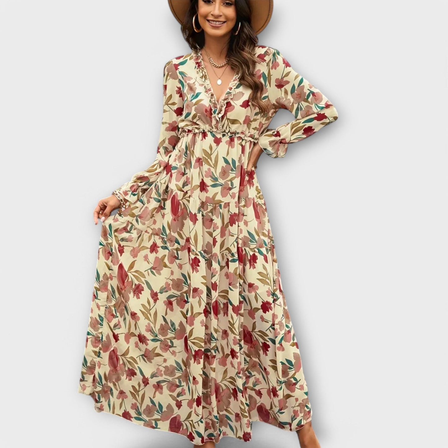 Solène™ | Long Floral Dress with Long Sleeves