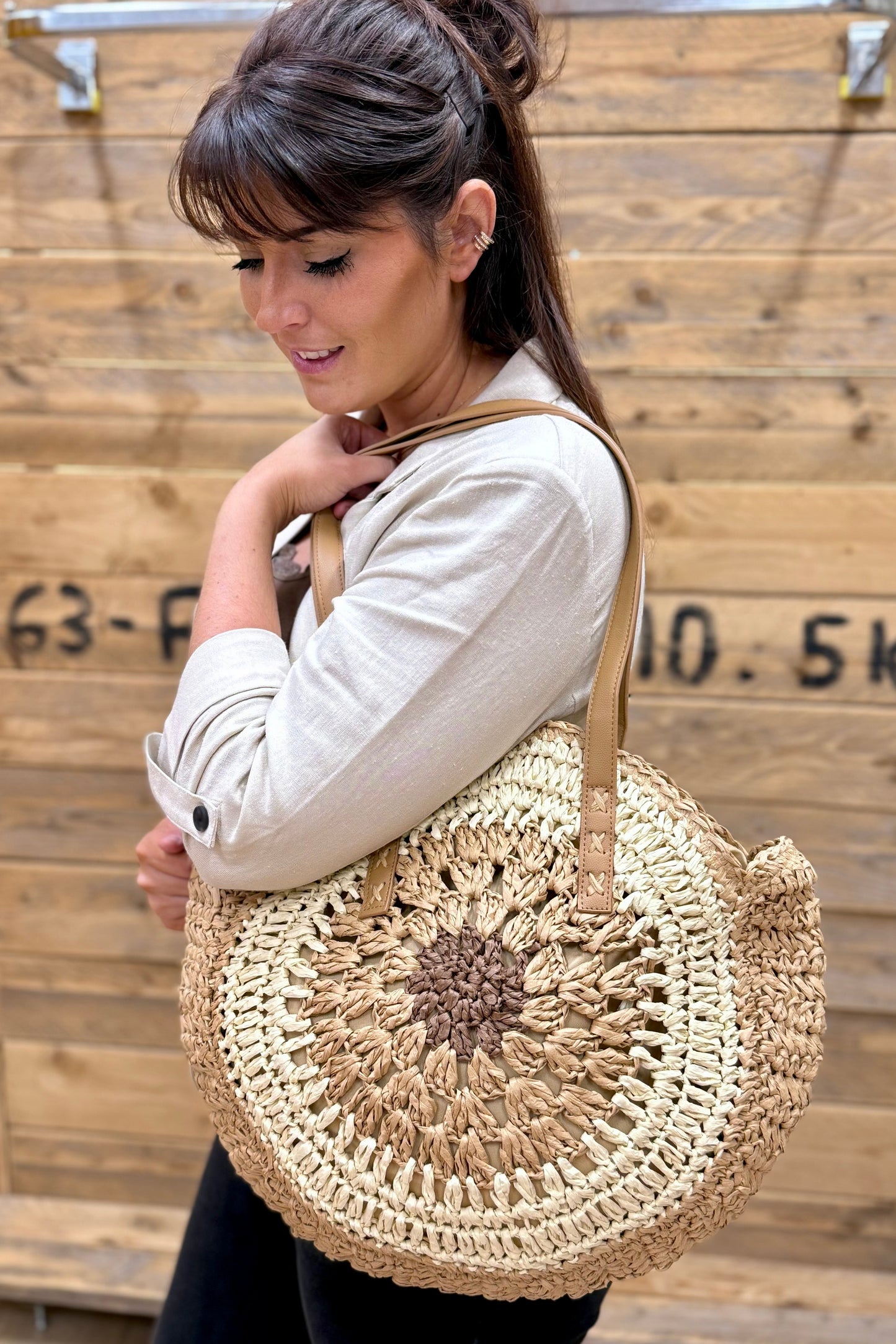 Sac Paille Pamana Rond Camel