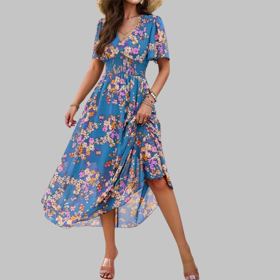Pauline Laurent® | Robe midi à col V floral et manches courtes