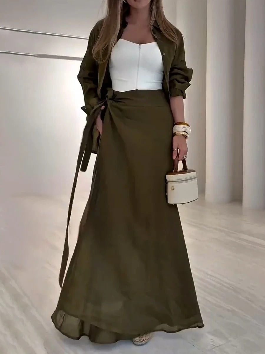 Ensemble deux pièces décontracté à lacets vert olive