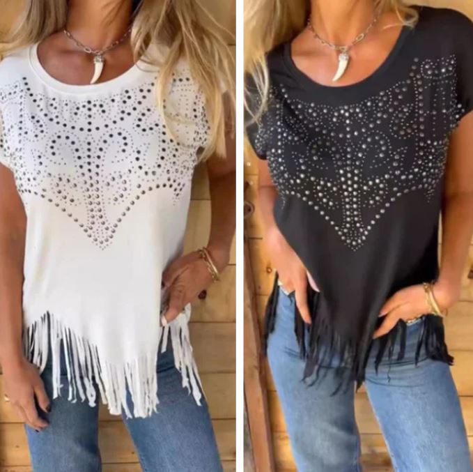 T-shirt uni à manches courtes pour femme avec impression à chaud et ourlet effiloché