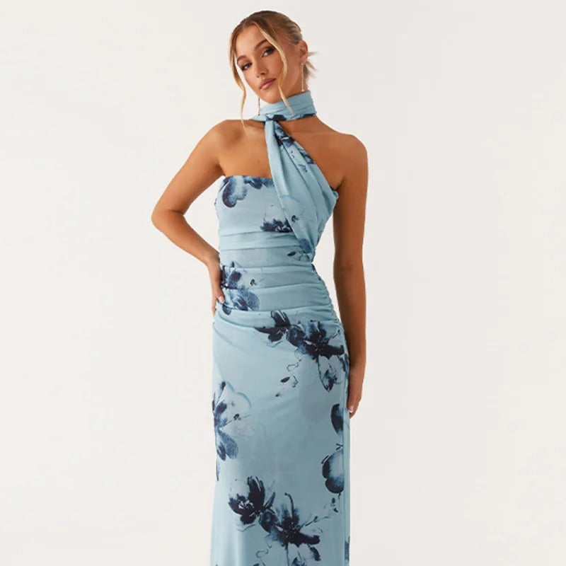 Élodie Lavin® | Robe Longue Asymétrique À Imprimé Fleuri Bleu
