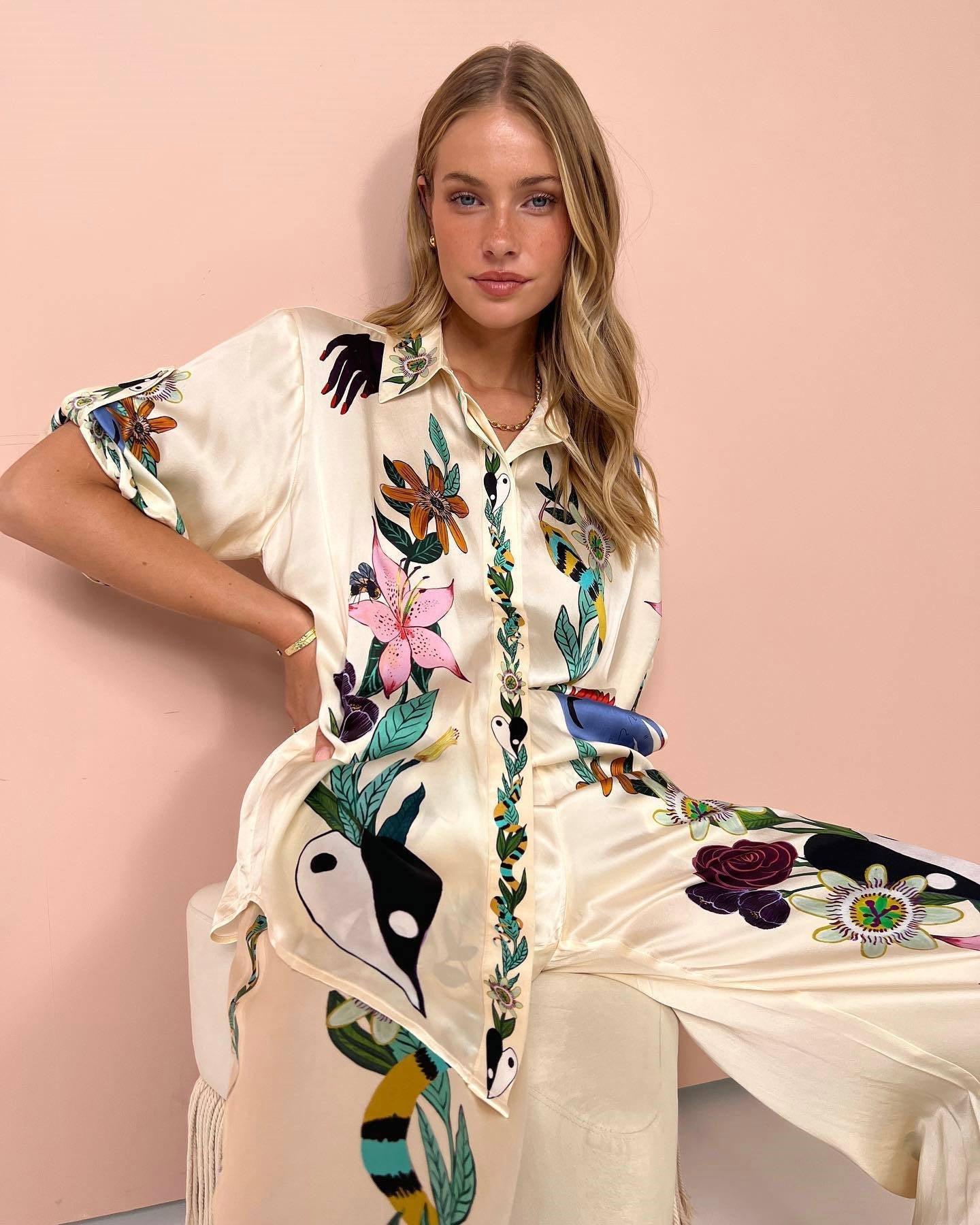Ensemble Chemise Et Pantalon Fluide Fleuri Chic Femme