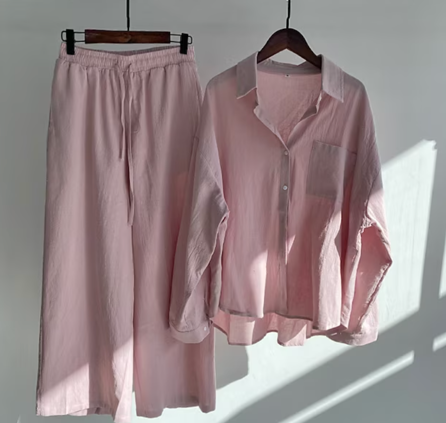 Ensemble décontracté de blouse en lin et de pantalon à jambes larges
