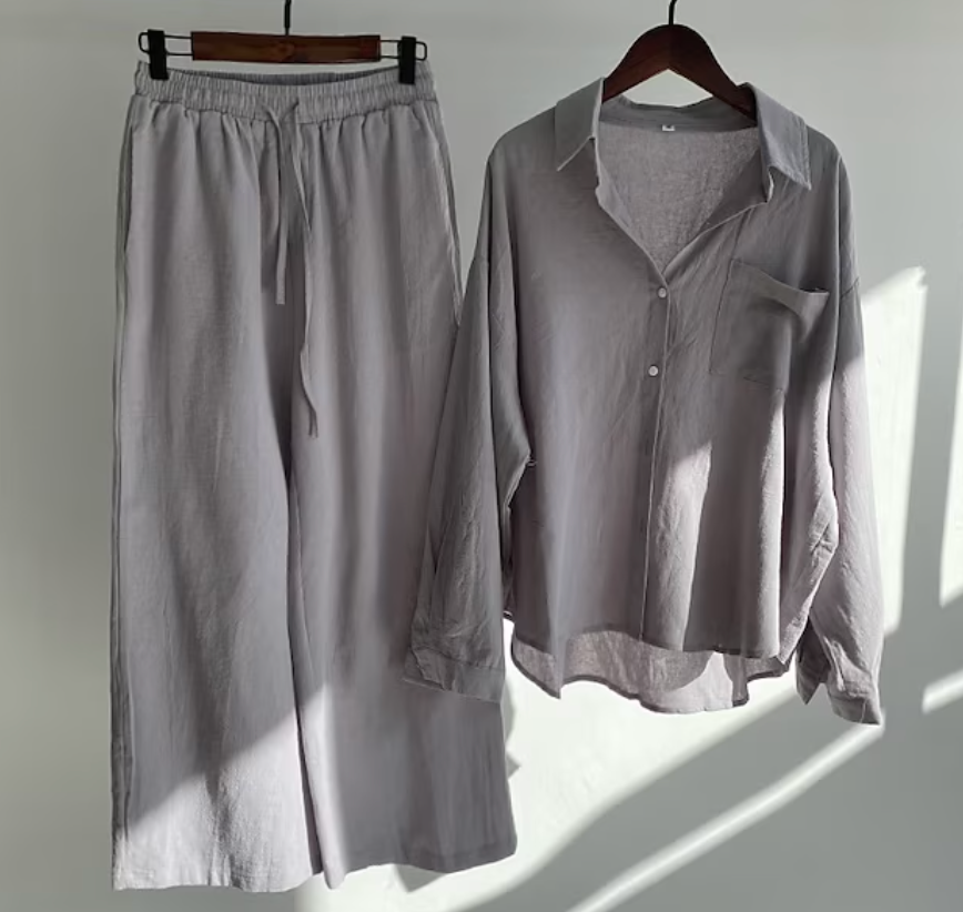 Ensemble décontracté de blouse en lin et de pantalon à jambes larges