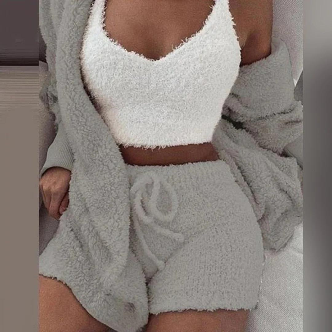 Ensemble Tricoté Fleece Trois Pièces Femme Stylée