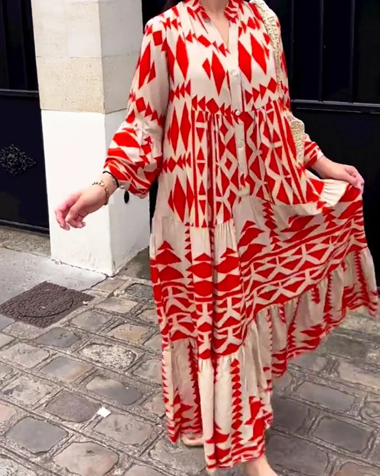 Kimy robe décontractée pour femmes à manches longues et encolure en V avec imprimé.