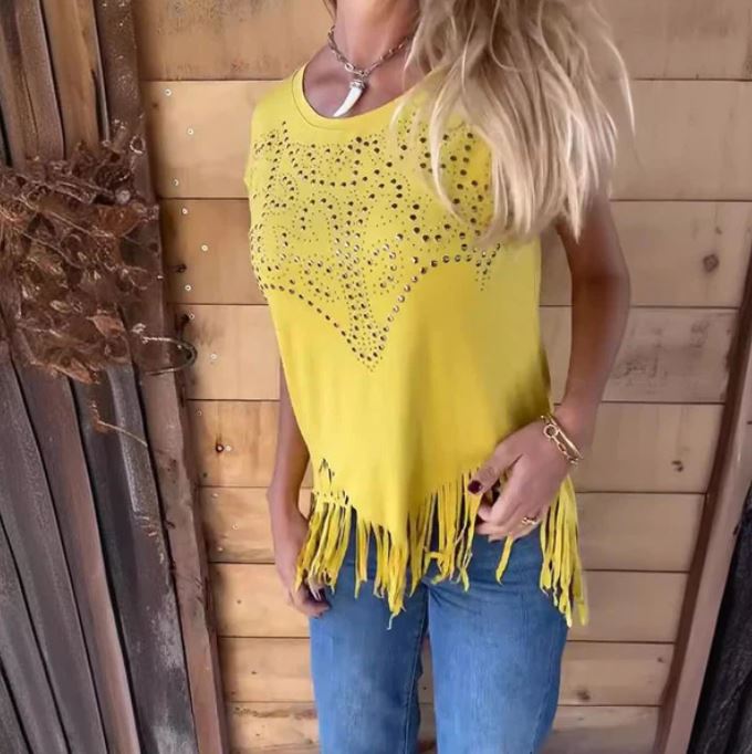 T-shirt uni à manches courtes pour femme avec impression à chaud et ourlet effiloché