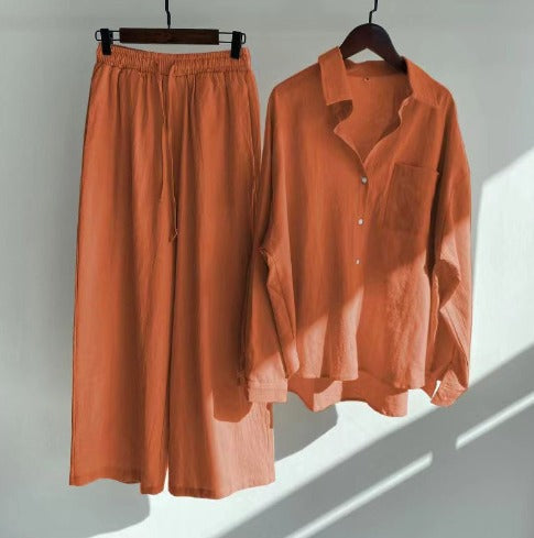 Ensemble décontracté de blouse en lin et de pantalon à jambes larges