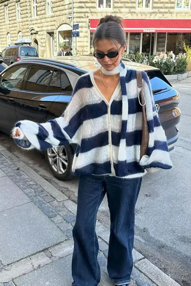Cardigan Ouvert en Maille à Rayures Confortable avec Col V