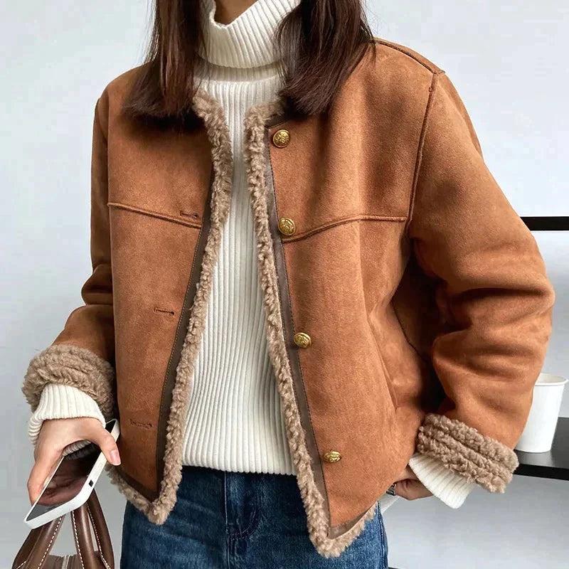 Veste Boutonnée Marron Doublée Polaire pour Femme
