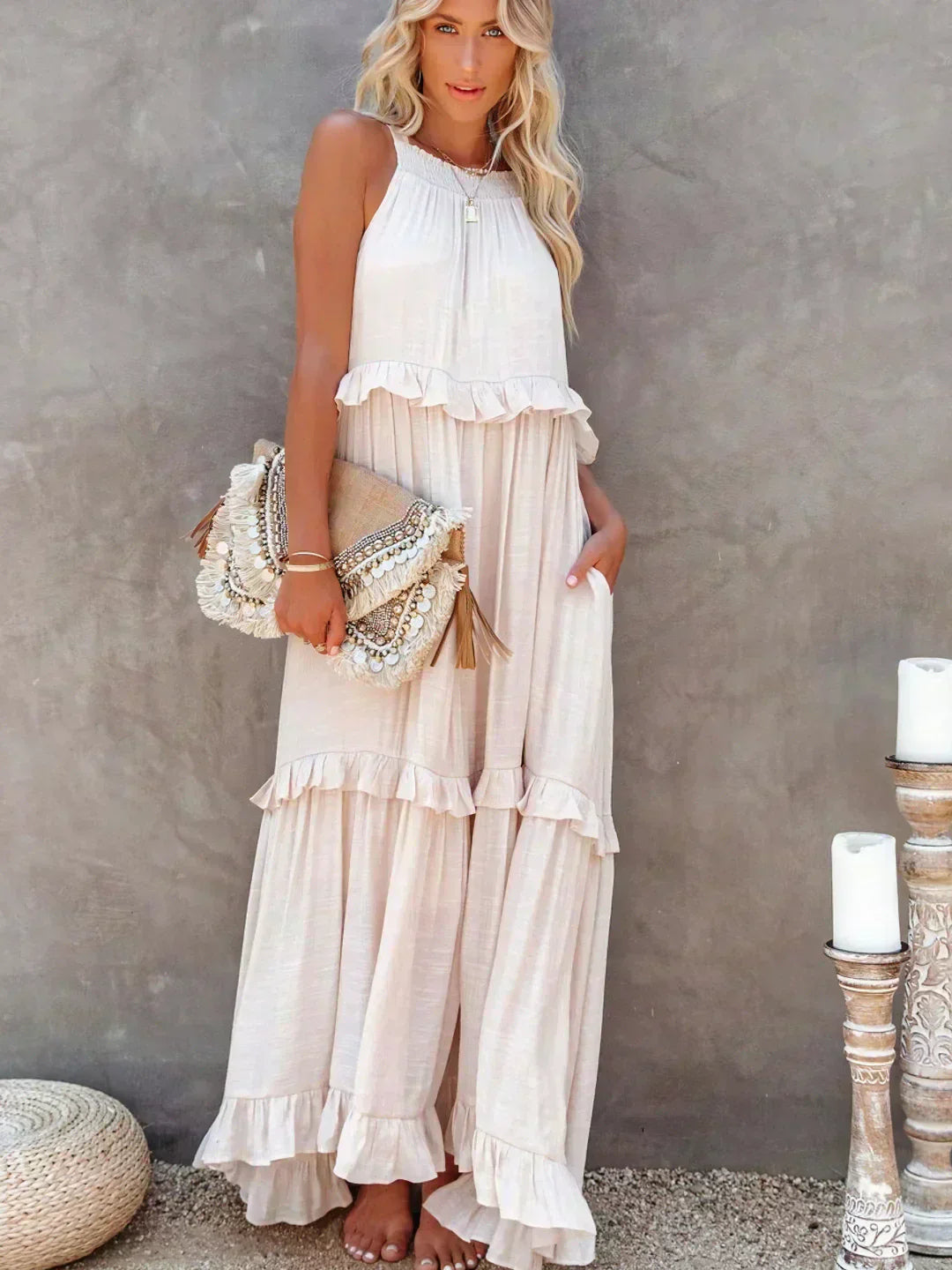 Sarah | Robe Maxi Halter à Volants (Stock Limité)