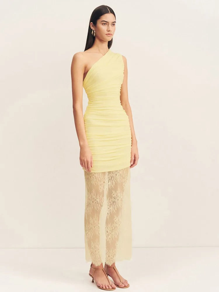 Élodie Lavin® | Robe Jaune Asymétrique Avec Voile Dentelle Brodée