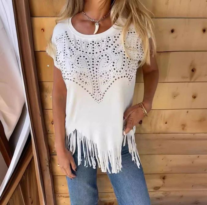 T-shirt uni à manches courtes pour femme avec impression à chaud et ourlet effiloché