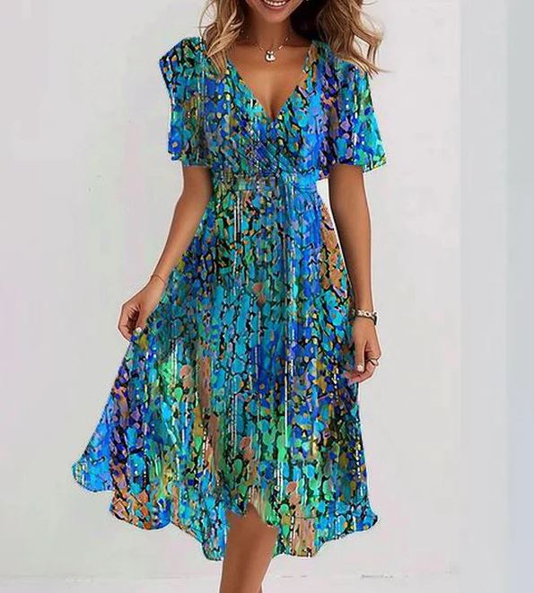 Robe mi-longue à manches courtes bleu spécial