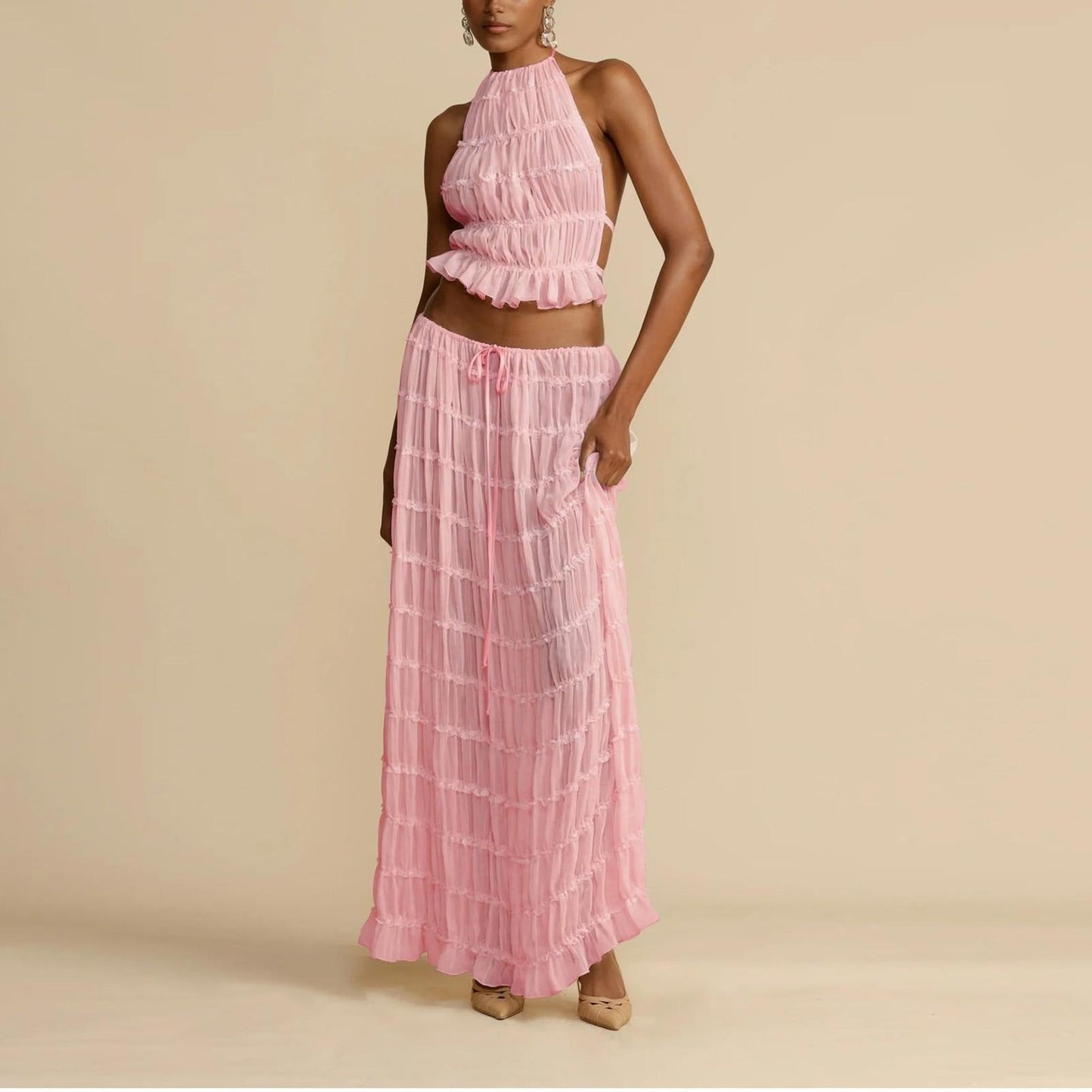 Ensemble de 2 pièces d'été pour femme, haut court sans dos et jupe longue en tulle à volants
