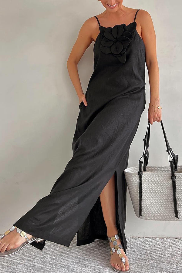 Sophie Paris® | Robe maxi fendue à poches ornée de motifs floraux en mélange de lin