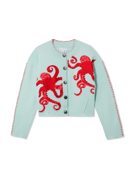 Cardigan côtier en maille confortable avec motif pieuvre et bordure contrastée