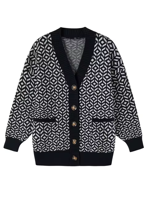 Cardigan Boutonné en Maille Géométrique Confortable
