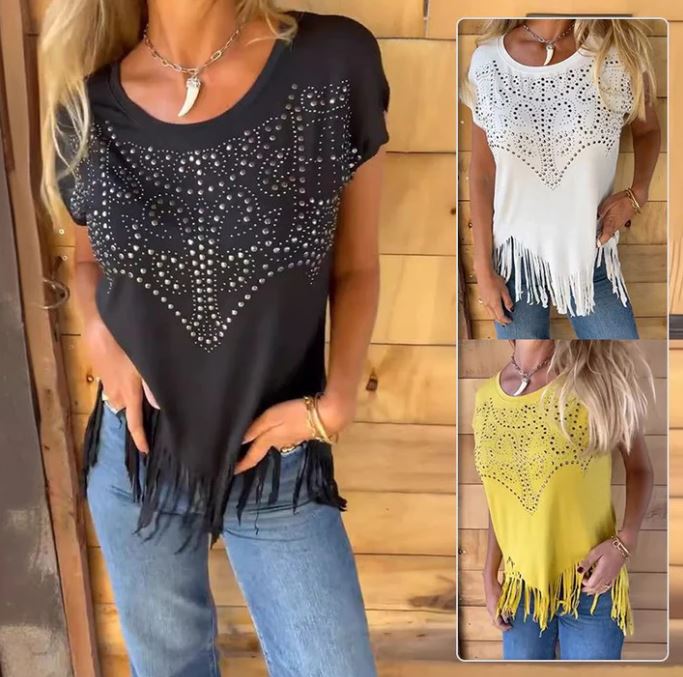 T-shirt uni à manches courtes pour femme avec impression à chaud et ourlet effiloché