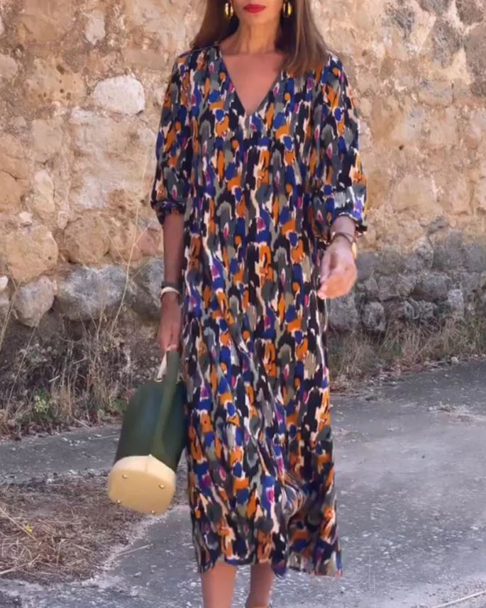 Robe col V imprimé rétro
