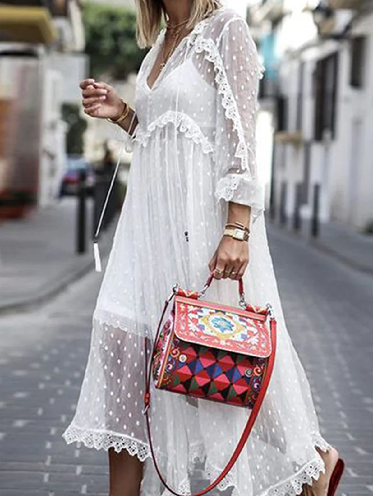 Sophie Paris® | Robe longue en jacquard à pois transparents manches longues
