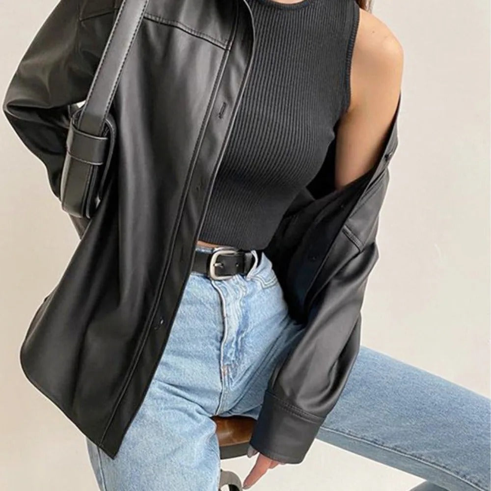 Veste aviateur en cuir vintage avec revers et fermeture à boutons