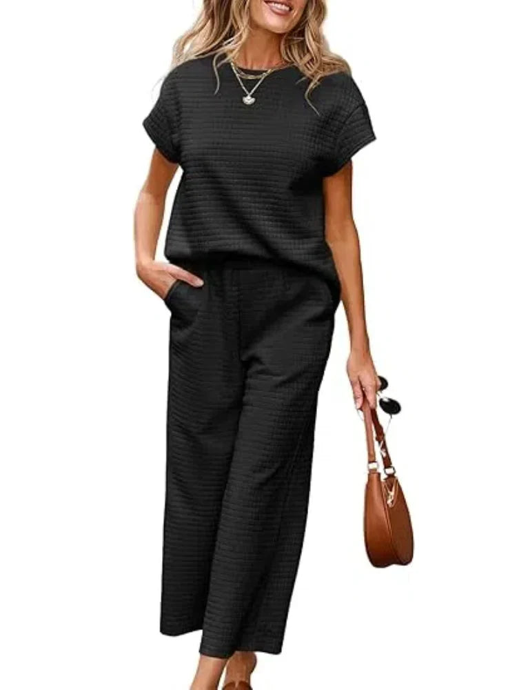 Ensemble détente texturé deux pièces avec pantalon à jambes larges