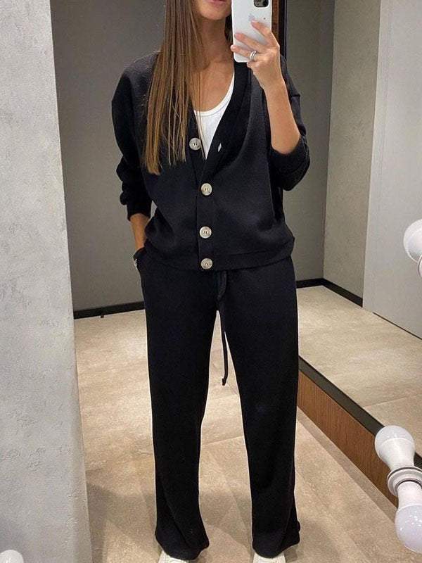 Ensemble décontracté confortable avec pull col V et pantalon