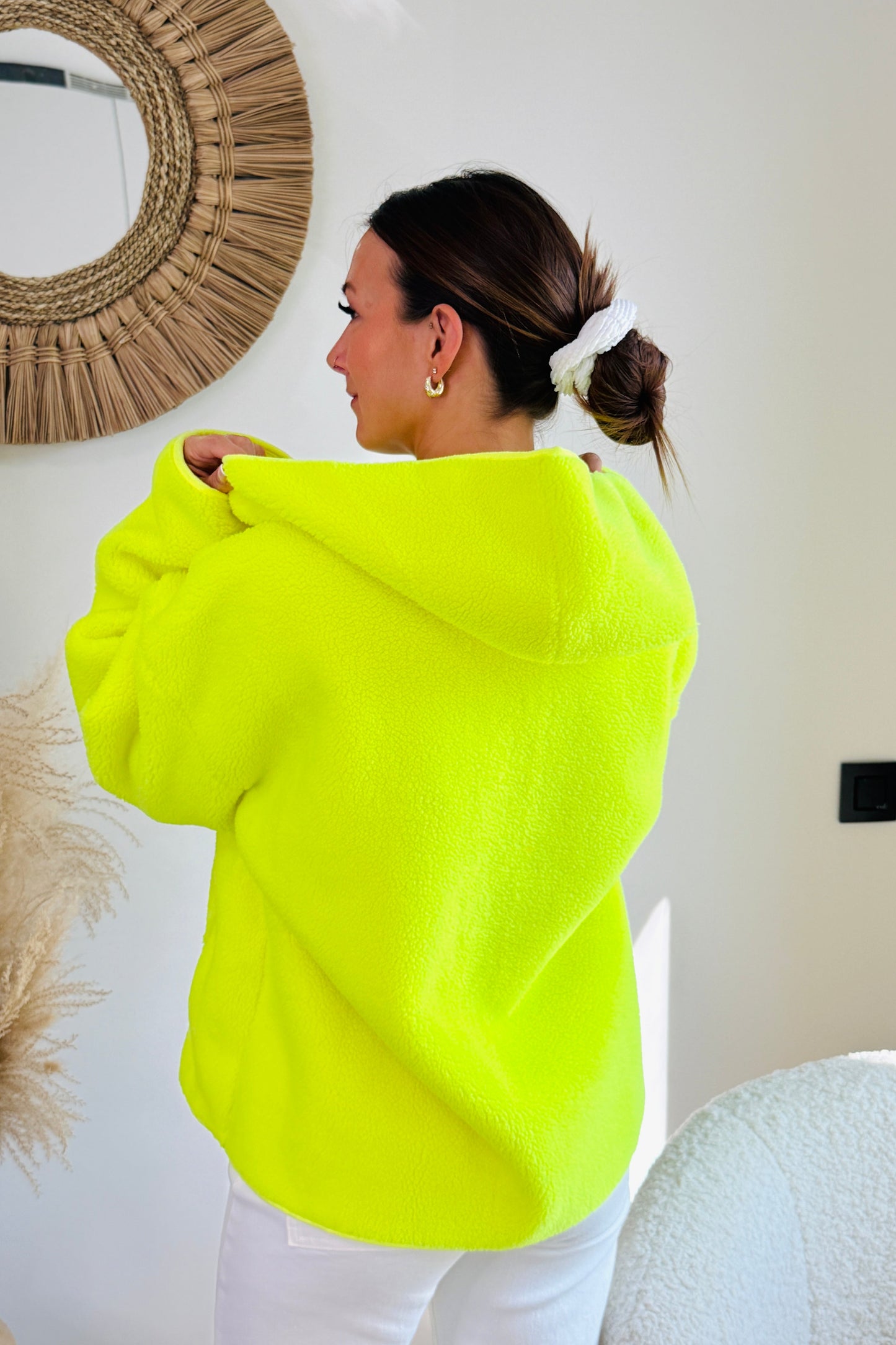 Gilet Teddy Giselyne Jaune Fluo Manches Longues Avec Capuche