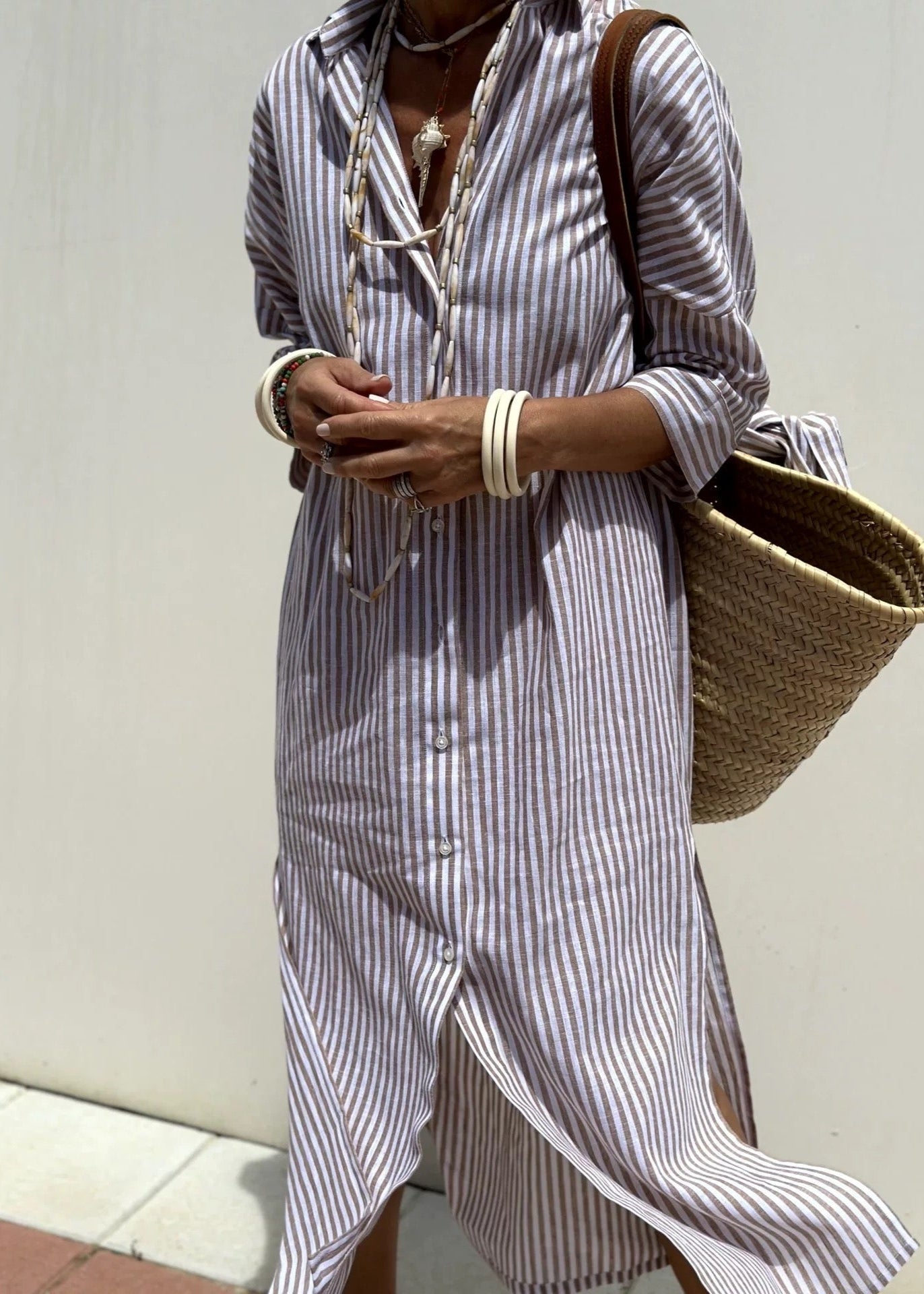Sophie Paris® | Robe chemise longue d'été à rayures et manches mi-longues