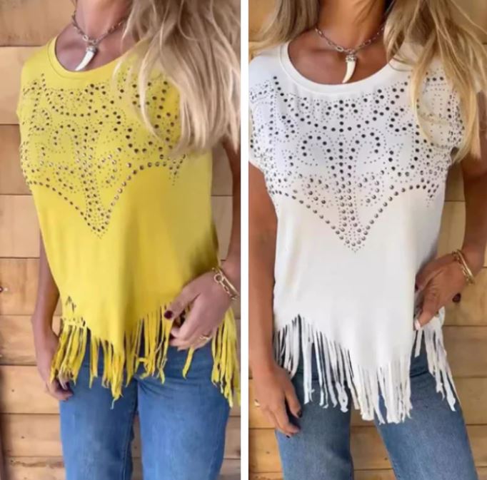 T-shirt uni à manches courtes pour femme avec impression à chaud et ourlet effiloché