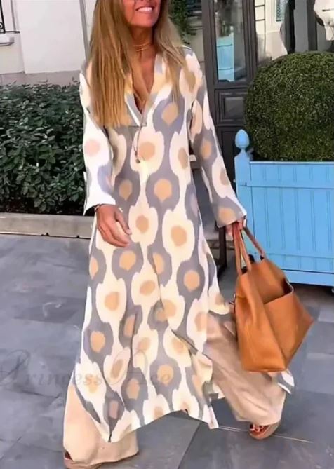 Robe Boho à Encolure en V avec Imprimé Géométrique et Fente d'Automne