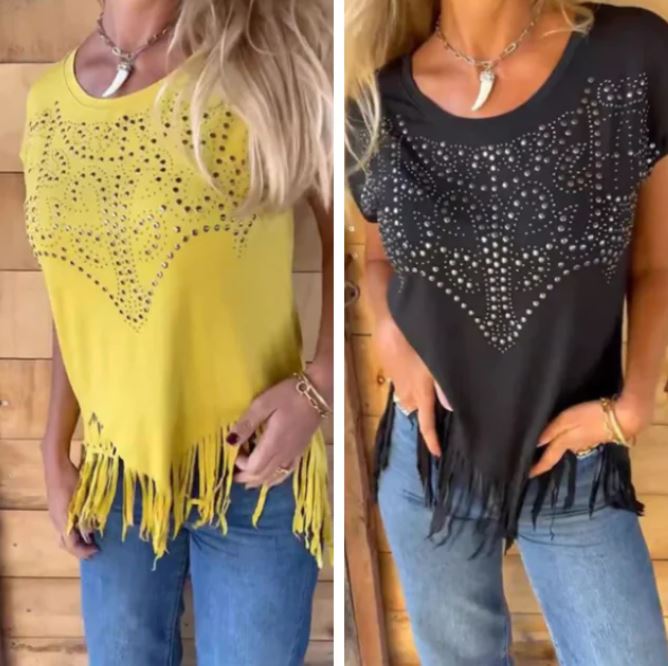 T-shirt uni à manches courtes pour femme avec impression à chaud et ourlet effiloché