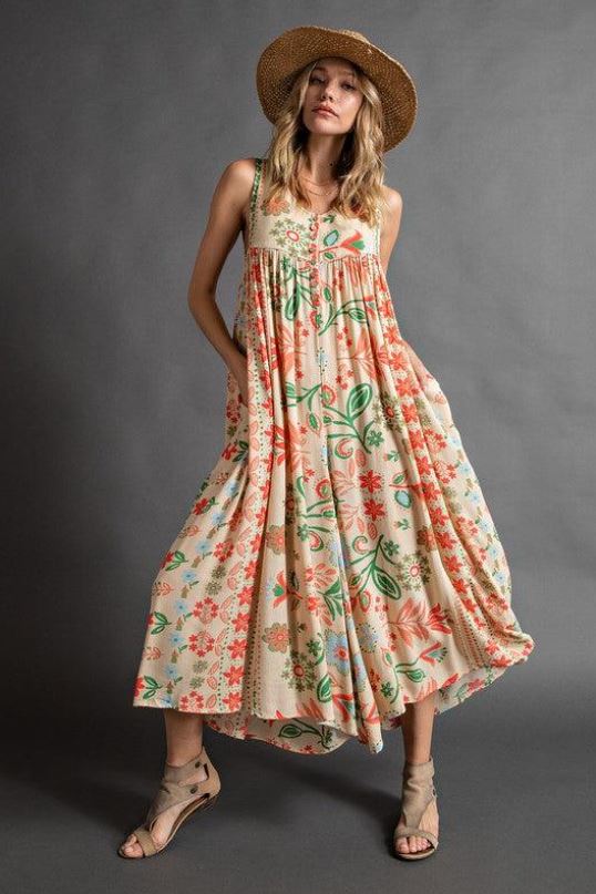 Combinaison ample sans manches à imprimé floral vintage