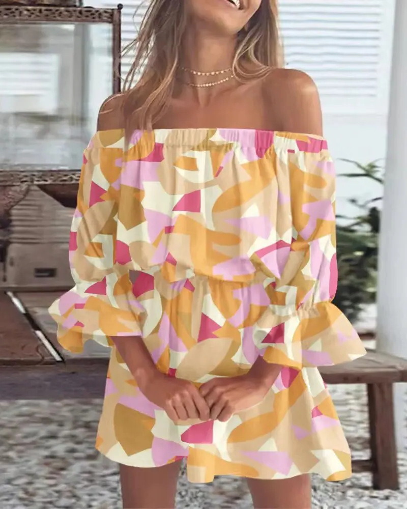 Pauline Laurent® | Robe à épaules découvertes avec imprimé feuilles de bohème