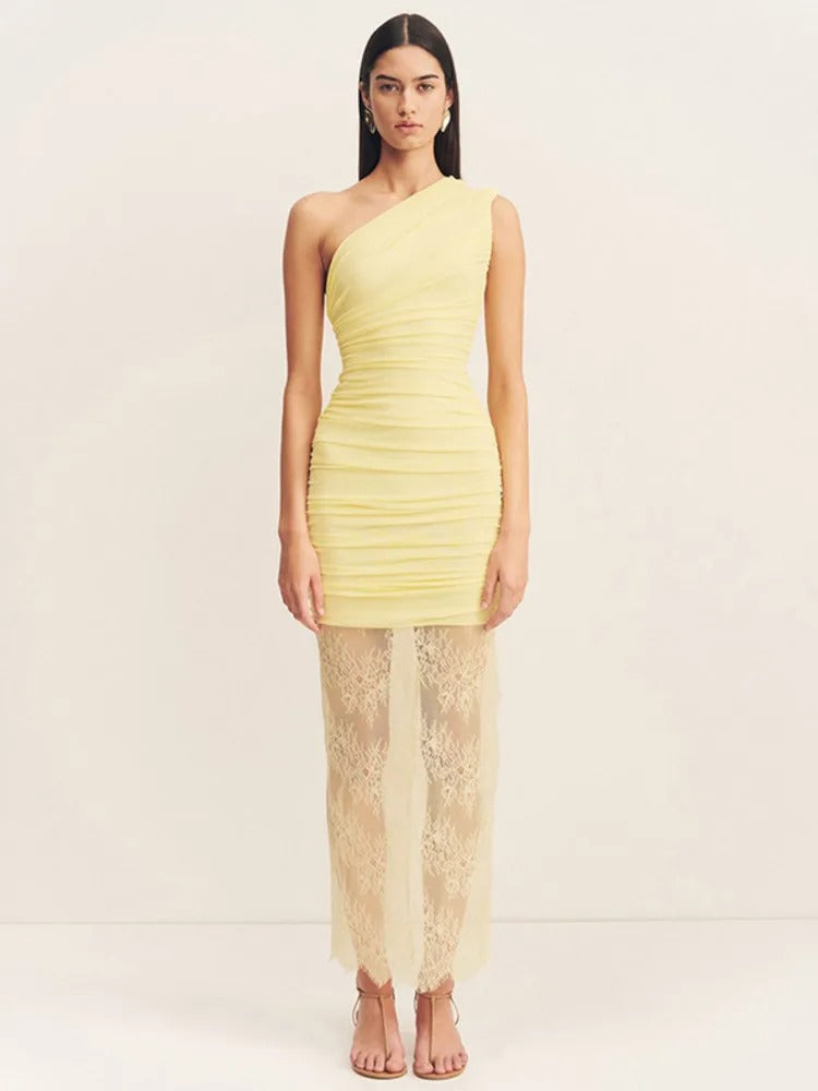 Élodie Lavin® | Robe Jaune Asymétrique Avec Voile Dentelle Brodée