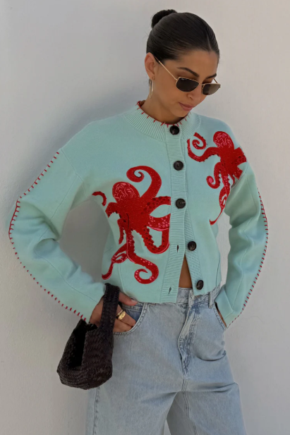 Cardigan côtier en maille confortable avec motif pieuvre et bordure contrastée