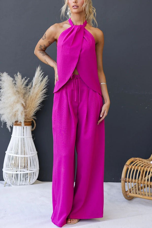Ensemble haut fendu devant en mélange de lin avec pantalon large