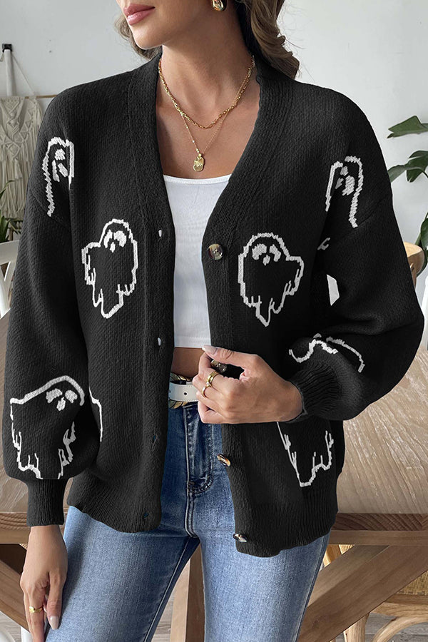 Cardigan boutonné en maille avec fantôme d'Halloween douillet