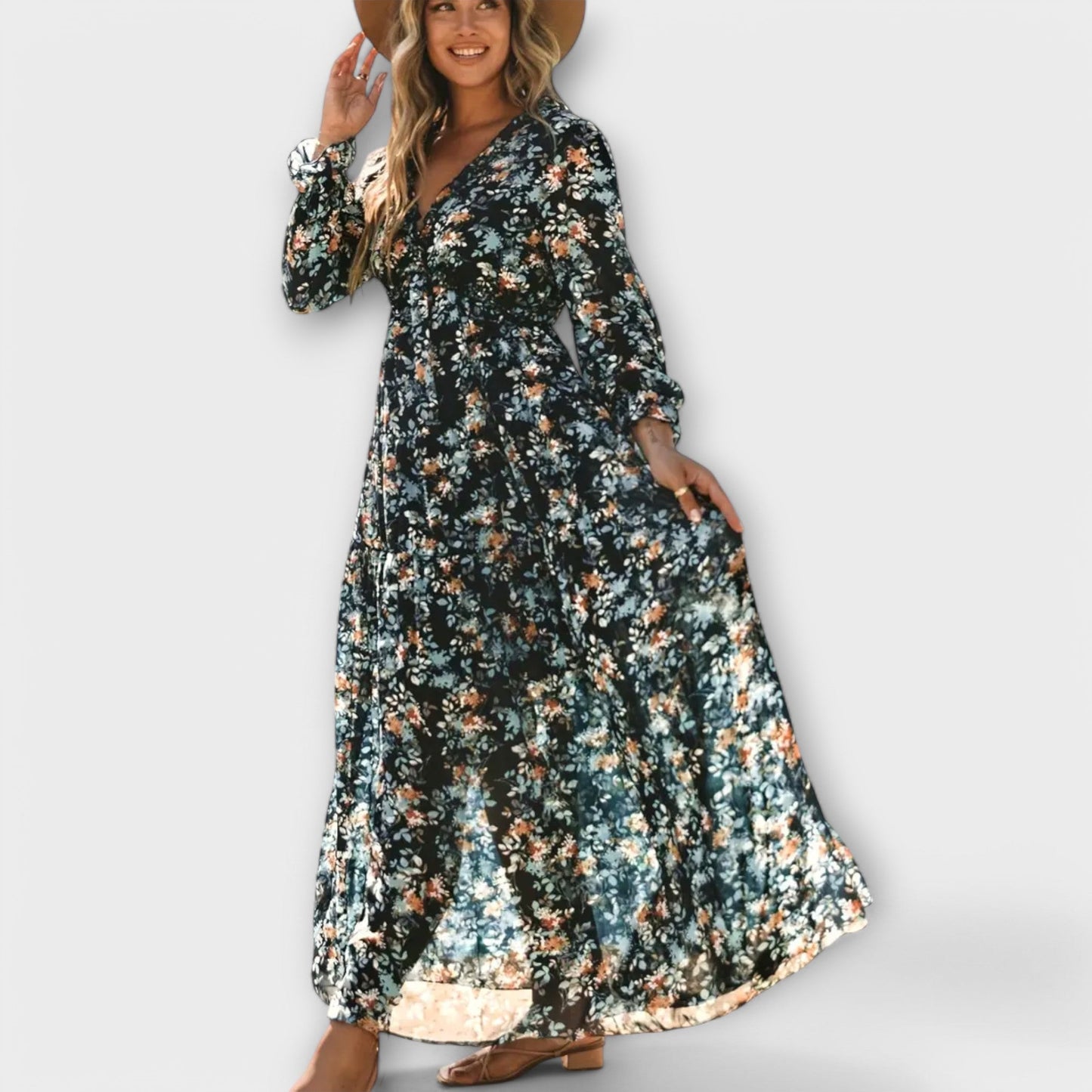 Solène™ | Long Floral Dress with Long Sleeves