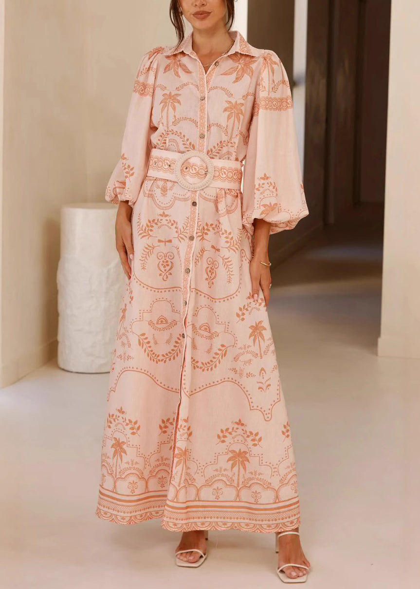 Sophie Paris® I Robe chemise en lin imprimé rose avec manches ballon et ceinture à nouer