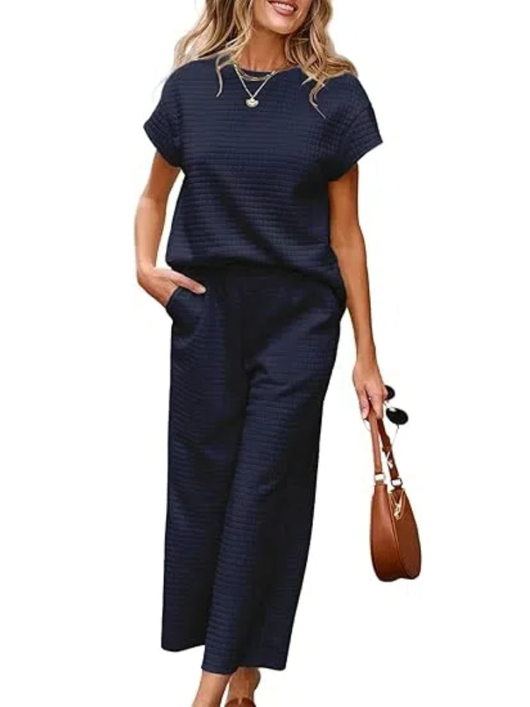 Ensemble détente texturé deux pièces avec pantalon à jambes larges