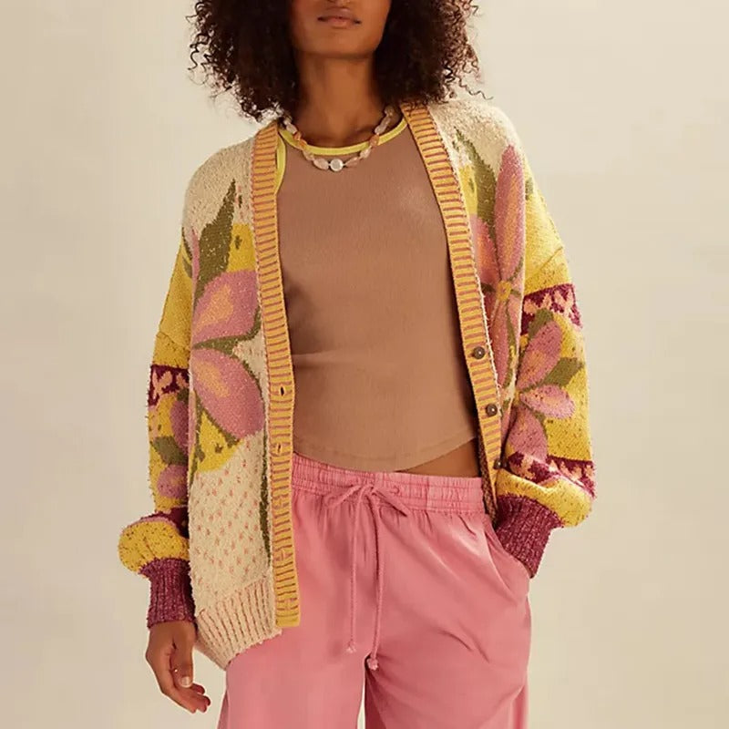 Cardigan en tricot floral confortable, coupe ample et manches longues