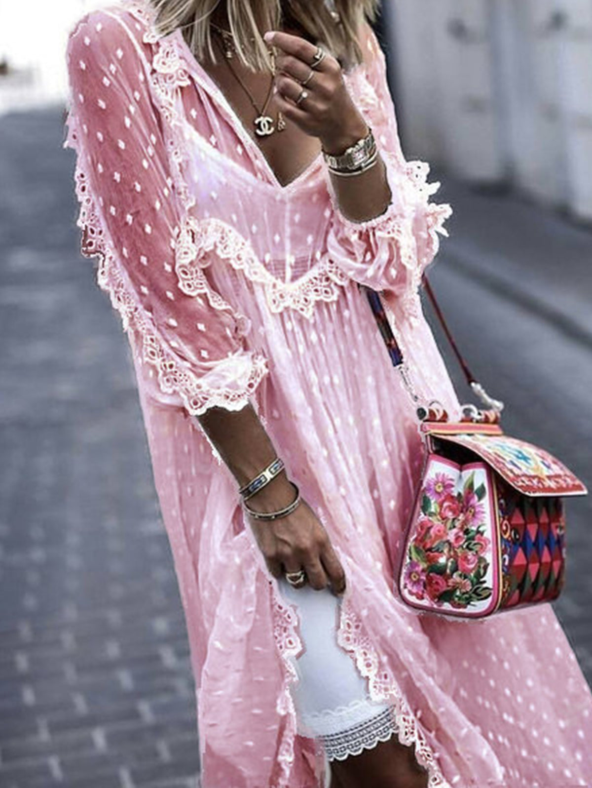 Sophie Paris® | Robe longue en jacquard à pois transparents manches longues